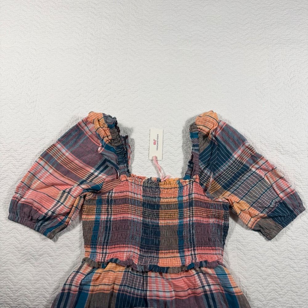 Vineyard Vines Womens Plaid Smocked Puff Sleeve Linen Midi Dress Mallard Blue M - Picture 9 of 12